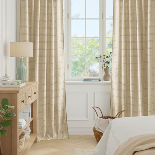 RYB HOME Rustic Linen Blend Gingham Curtains for Living Room 84 Inch