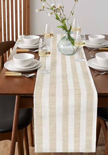 Beige Stripe Table Runner, Washable Cotton Linen Table Runners