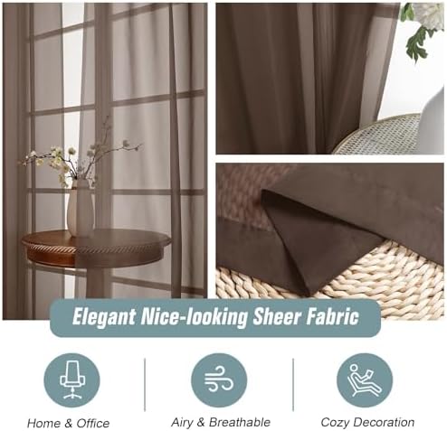 Chocolate Sheer Curtains for Window 72 inches Long 2 Panels Set, Soft