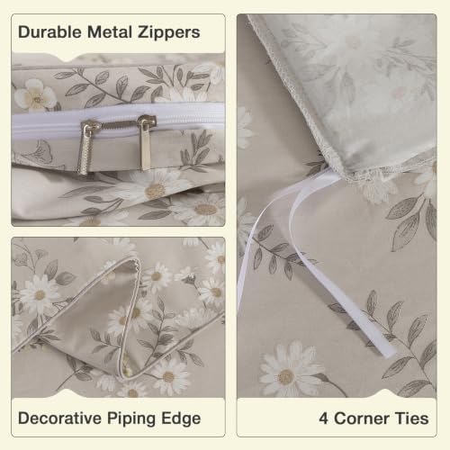 Gray-Beige Floral Duvet Cover Set Queen Size, 100% Cotton Percale