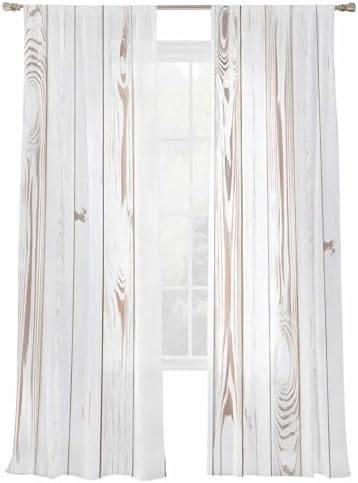 White Wood Grain Sheer Curtains 108 Inch Length 2 Panels Set, Country