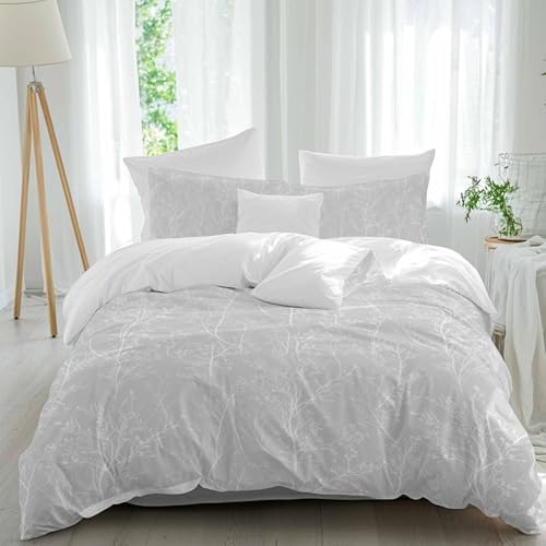 3 Piece Light Grey Botanical Duvet Cover Set Full Size, Microfiber