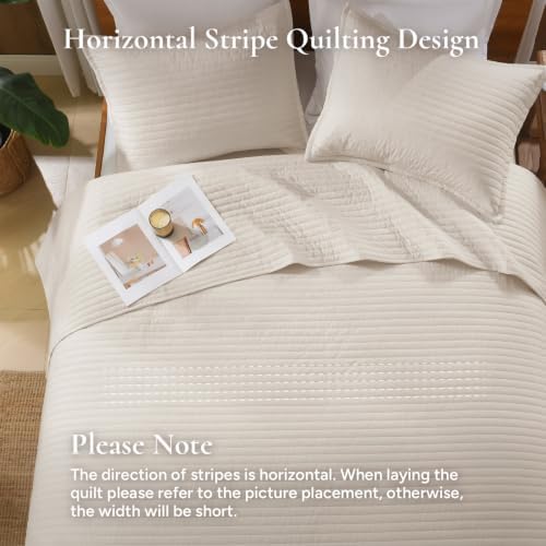 Andency 100% Cotton Queen Beige Quilt 3 Piece, Striped Quilted Bedding