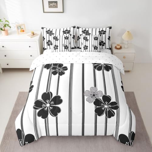 Manfei Stripe Flower Kids Comforter Queen Size,Geometric Line Floral