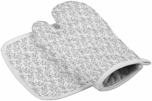 Quilted Cotton Terry Cloth Oven Mitt, Pot Holder Grey White Branch