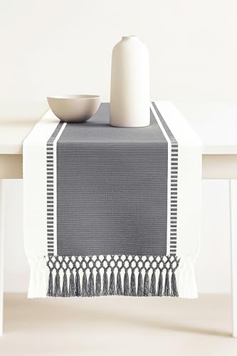PurpleEssences Dobby Stripe Table Runner, 14x72 - Mineral Gray &