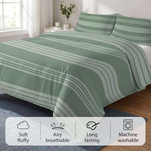Duvet Cover Cal King Size 3 Piece Bedding Set, Sage Green Stripe