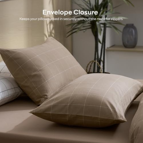 JELLYMONI 100% Cotton Plaid Queen Duvet Cover Set, Tan