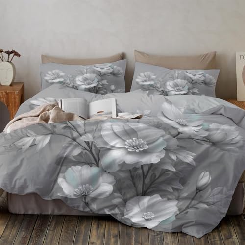 Duvet Cover Set King, Hand-Painted Floral Relief Brushed Microfiber