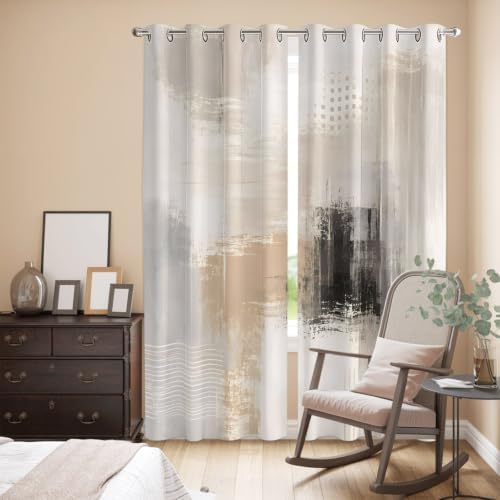Brown Black Abstract Window Curtains Panels with Silver Grommet,Modern