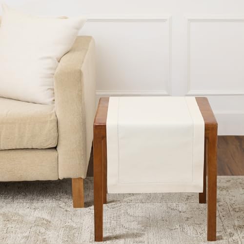 Solino Home Cotton Linen Table Runner Ivory Hemstitch, 14 x 36 in