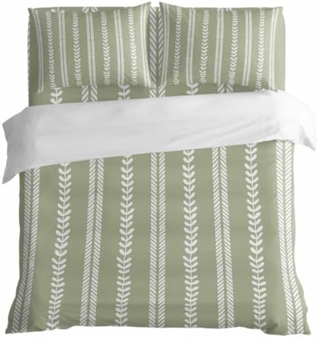 Leaf Stripes California King 4 Piece Duvet Cover Set, Botanical Rustic
