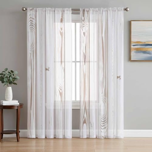 White Wood Grain Sheer Curtains 108 Inch Length 2 Panels Set, Country