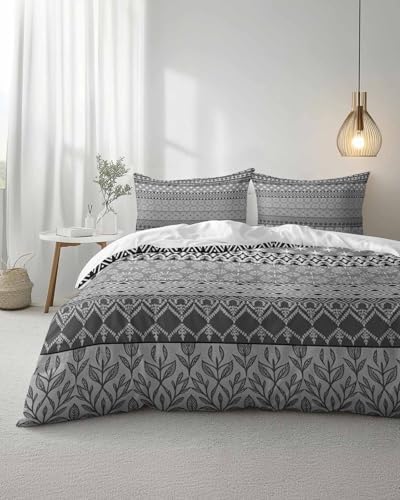 Duvet Cover Set Full, Ethnic Gray Geometric Retro 3 Piece Bedding Set