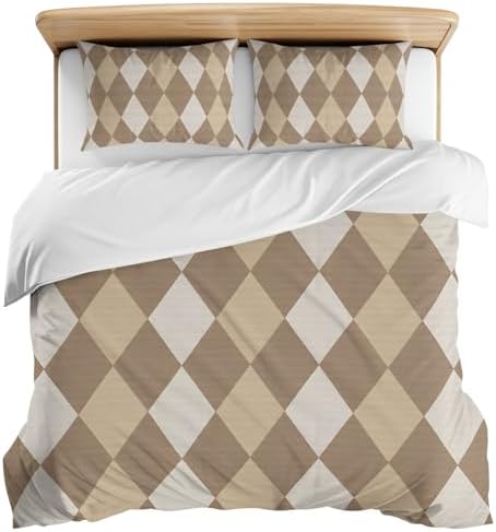 3 Pieces Bedding Set King Size, Coffee Beige Rhombus Soft Duvet Covers