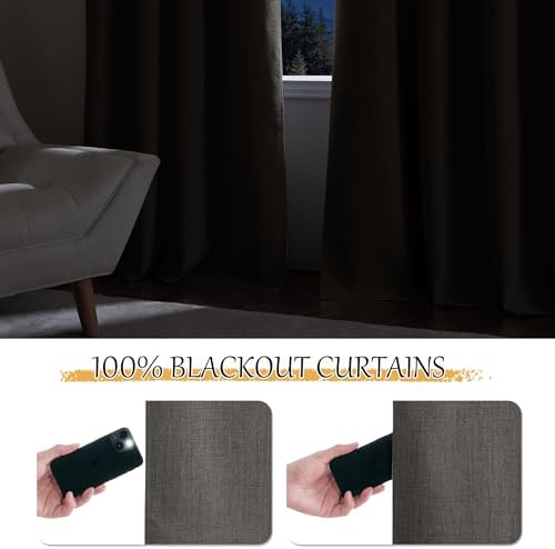 StangH Grey 100% Blackout Curtains 84 Inch Faux Linen Drapes, 2 Panels