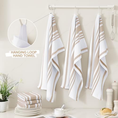 Homaxy Premium Cotton Stripe Kitchen Towels 3 Pack, 18"x 28", Khaki