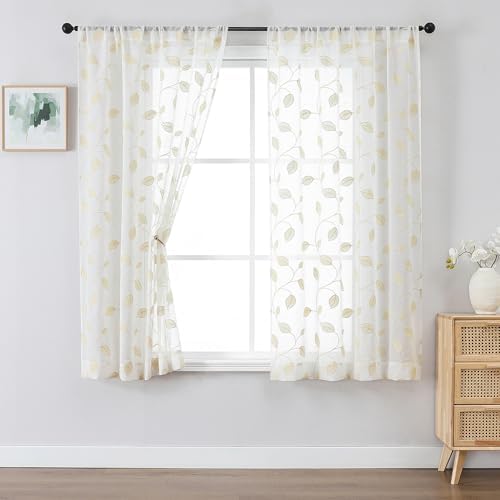 OVZME Natural Sheer Curtains 63 Inch Length 2 Panels Set, Leaf
