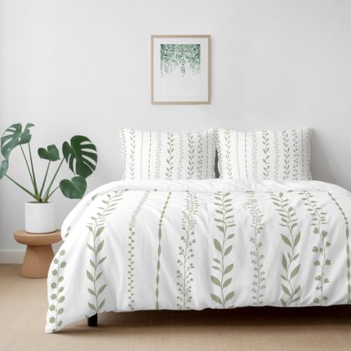 Spring Botanical Duvet Cover Queen Size, Modern Simple Floral Stripes