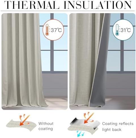 RYB HOME Greige 100% Blackout Linen Curtains 96 inches Long for Living