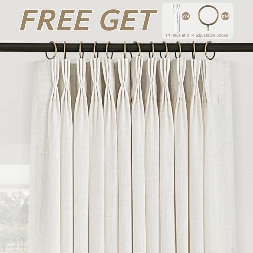 Triple Pleated Linen Curtains 63 inches Long 2 Panels Set Light