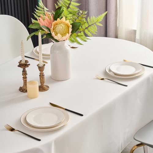 White Tablecloth Oval 60x102 inch Dining Table Cloth for 8-10 Seats