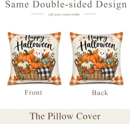 Leaves Plaid Pillow Covers 22x22 Inch Set of 2 Linen for Halloween