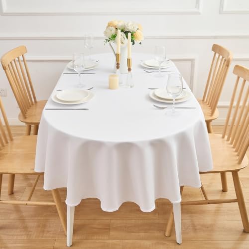 White Oval Tablecloth 60 x 102 Inch - 200 GSM Polyester Fabric Wrinkle