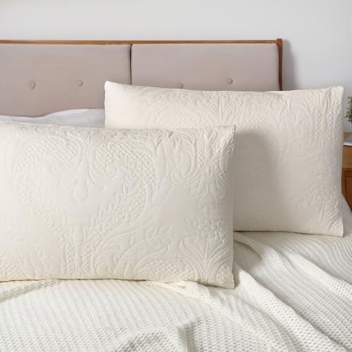 Quilted Pillow Shams Damask Ivory King Set of 2 Embroidered Cotton