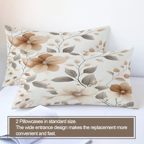 Vintage Floral Duvet Cover Queen Size, Tan Beige Flower Bedding Set
