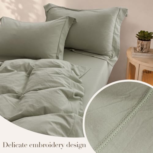 Duvet Cover Set Washed Cotton Embroidered Hem Queen 3‐Pcs