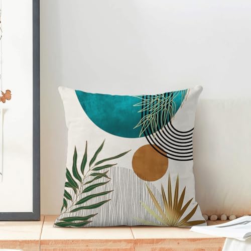 Boho Pillow Covers 20x20 Inch 2 Pcs,Aqua Teal Green Gold Tropical Leaf
