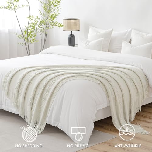 MIULEE Beige Fleece Throw Blanket and Cream White Knitted Throw
