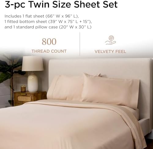 Threadmill 800TC Cotton Twin Sheet Set, Sateen, Solid, Light Beige