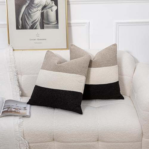 18x18 Boucle Striped Throw Pillow Covers Set of 2 Oatmeal Cream Black