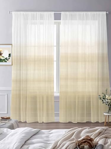 Beige White Stripes Sheer Curtains 108 Inch Length 2 Panels Set