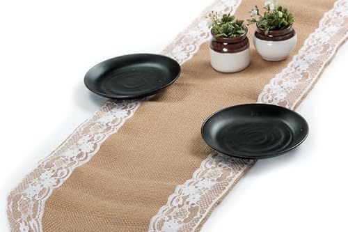 MDS 10 PCS 100% Natural Burlap Table Runners 12" x 108" with Lace