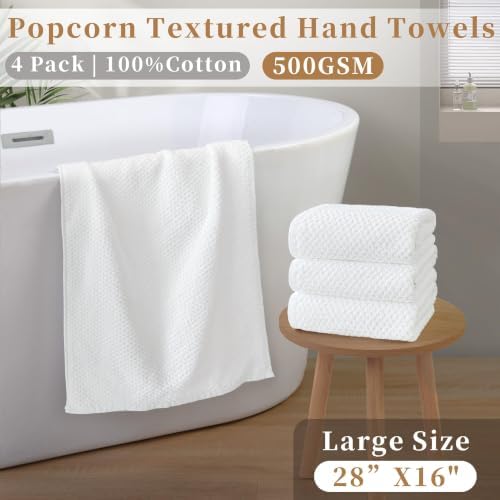 White Bathroom Hand Towels 4 Pack, 16" x 28", 100% Cotton, Ivory