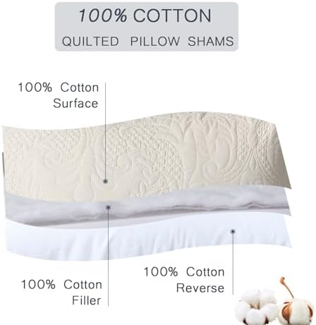 Quilted Pillow Shams Damask Ivory King Set of 2 Embroidered Cotton