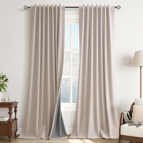 Guken Oatmeal Linen 100% Blackout Curtains for Bedroom 84 Inch Length
