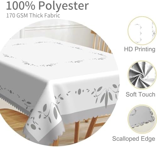 70x70inches White Grey Square Tablecloth Minimalism Grey Leaves