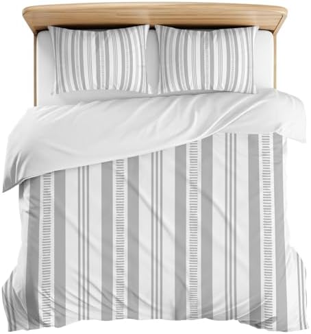 3 Pieces Bedding Set King Size, Grey Striped Soft Duvet Covers Set