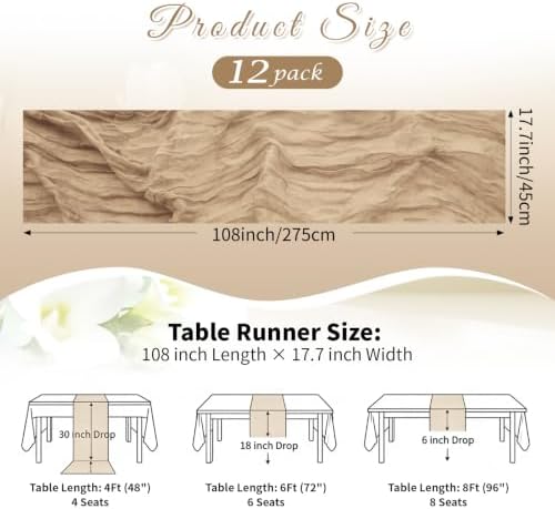 Beige Boho Cheesecloth Table Runner 12 Pack 17x108 Inch Sheer Gauze
