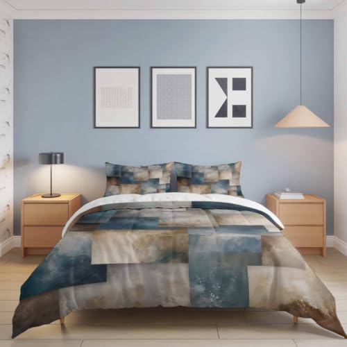 Blue Brown Geometric Duvet Cover Twin Size Bedding Set 4 Pieces, 1