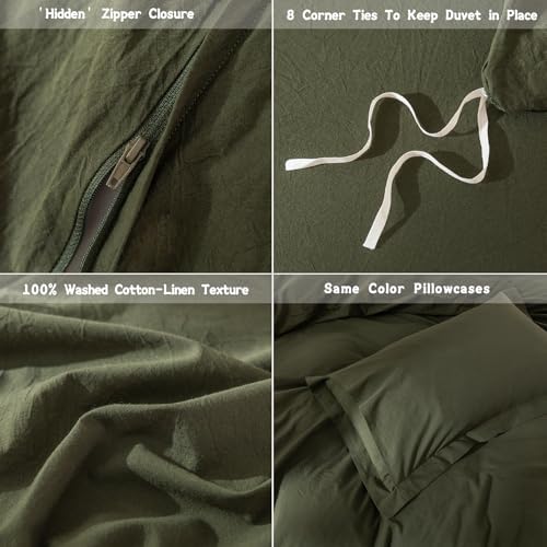 3Pcs Olive Green Cal King Duvet Cover Set Washed Cotton