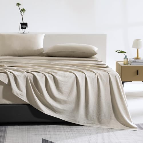 TUMEI Premium French Linen Blend Flat Sheet King Size, Natural Linen