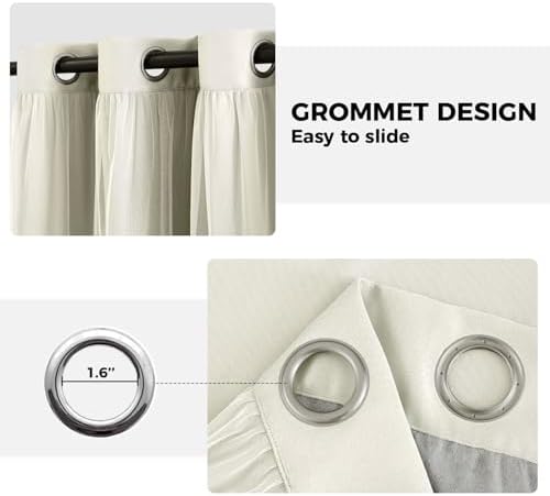 100% Blackout Curtains for Bedroom, Double Layer Ivory 108" L