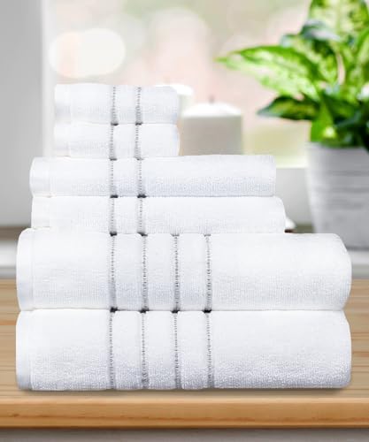100% Cotton 550 GSM 6 Piece Towel Set: White (Gray Stripes)