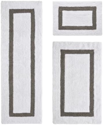 TRP Tufted Cotton White Gray Bathroom Rugs Sets 3 Piece