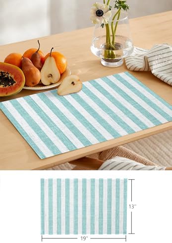 Light Teal Stripes Table Runner and Placemats Set of 4 Modern